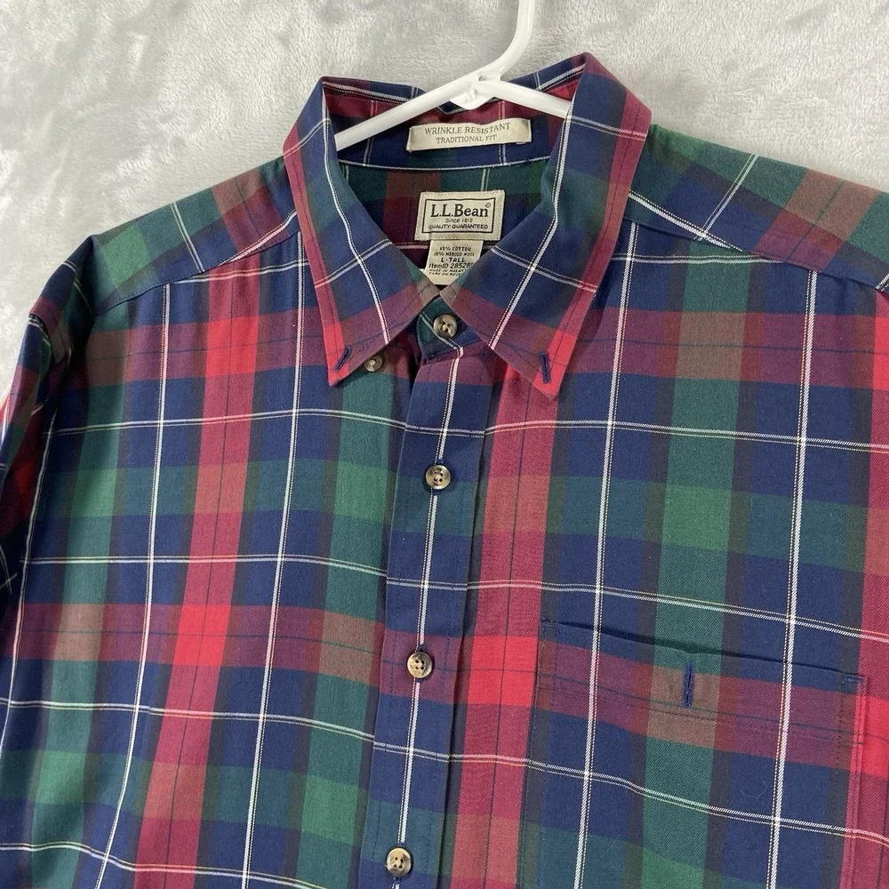 L.L. Bean Shirt Mens Large Tall Button Down Merino Wool Cotton Plaid Long Sleeve